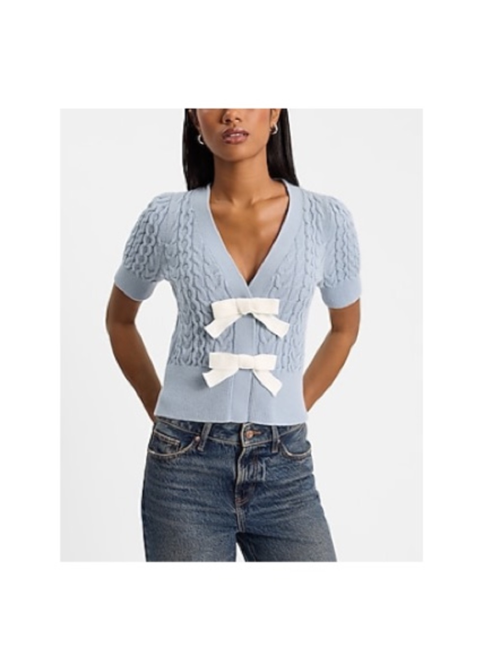 Light Blue Short-Sleeve Cable Knit Sweater with Bows - Express